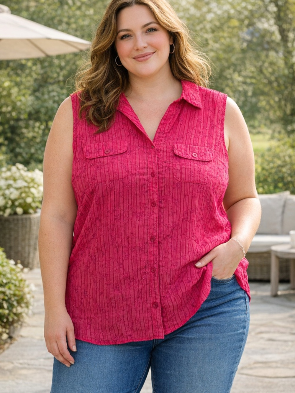 Penningtons Pink Crinkle Sleeveless Blouse Plus Size 24 Summer Top